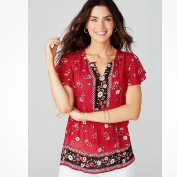 NWT J. Jill Ruffled Sleeve floral Top boho float sz 1x red black - Picture 1 of 9